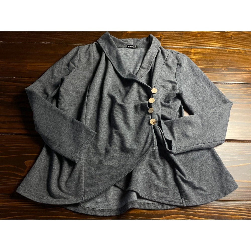 MIHOLL Sweater Women's Size L Gray Heather Side Buttoned Wrap Cardigan Collared